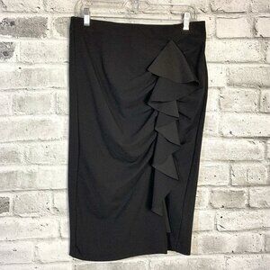 Vince Camuto Black Jersey Knit Ruffle Midi Pencil Skirt